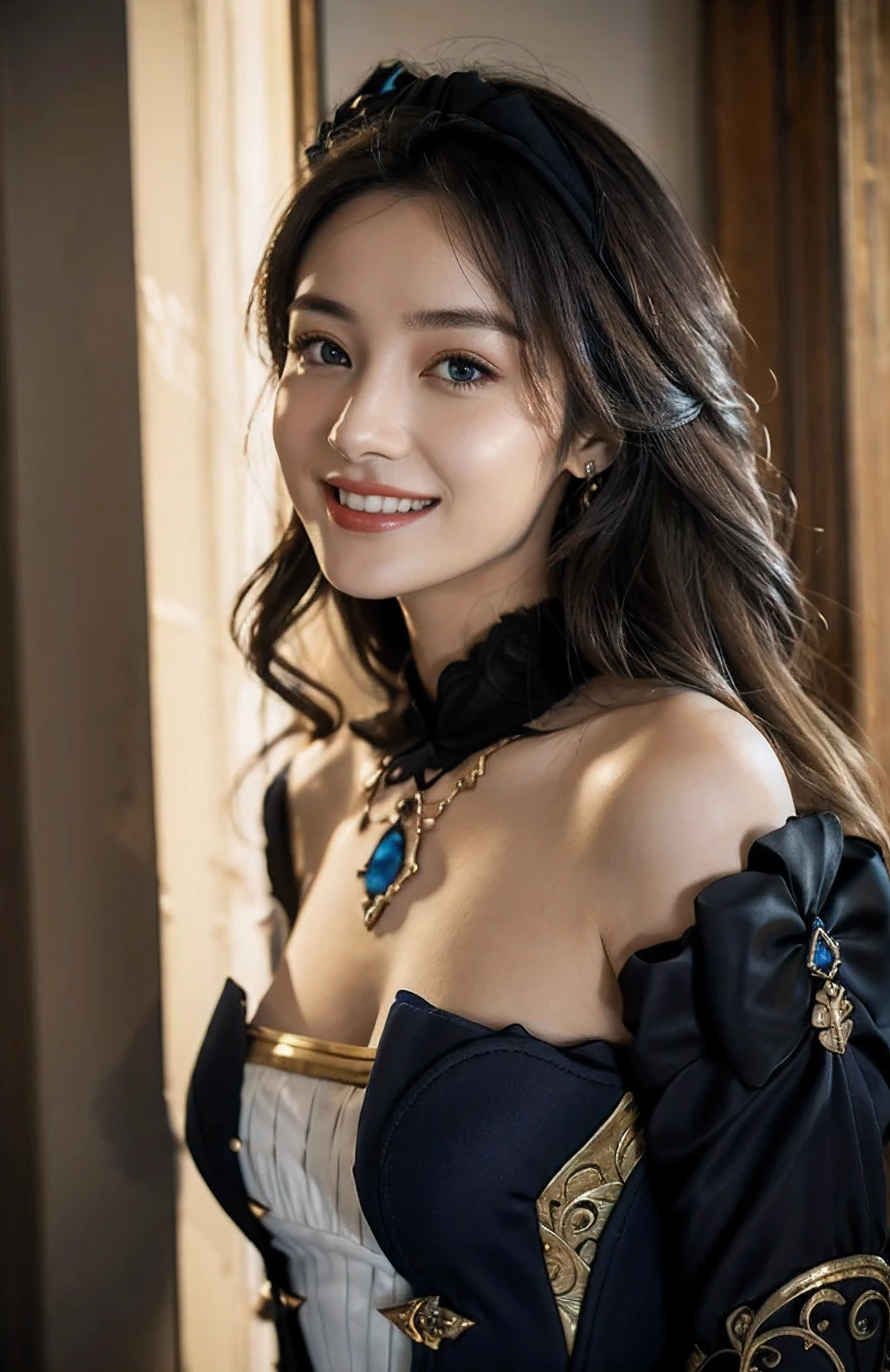 18-year-old girl, people portrait, (smile), (off shoulder), 
navia /(genshin impact/), (looking at viewer), (cleavage, breasts), blue diamond necklace, 
(ornate dress, a navy, white, and black bodice), sleeveless low-cut bodice, golden decorations, open back, extremely beautiful face, detailed face, detached sleeves, white ruffles, navy bows on sleeves, off the shoulder puff trimmed with black lace, white ruffles and navy and yellow bows , long hair, curly hair, golden hair, blonde hair, tighter-fitting sleeves with golden decorations and blue stones, 
black and yellow long skirt, long train, open skirt at front, 
masterpiece, best quality,highres, 1girl, navia, black headwear, wariza, bare shoulders，sufficient light, 85mm, Canon, f/2.8, UHD,RAW,retina, masterpiece, ccurate, anatomically correct, textured skin, super detail, high details, high quality, award winning, best quality, highres, 8k,a girl,
 black thighhighs