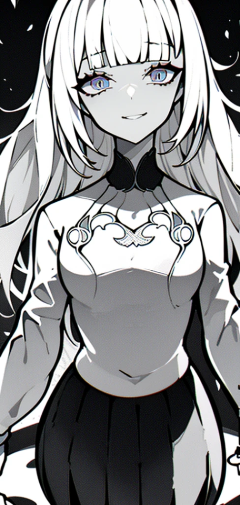 ((Line art、A picture drawn with thick lines))、Black and white painting、monochromatic、Monochrome、Flat Color、One Woman、Red color hair、long hair、Hair between the eyes、Big Breasts、Huge breasts、Large areola、Erect nipples、Vagina、pubic hair、Love juice、Completely naked、upright、Angle from the front、Upper Body、Watching the audience、Looking down seductively、smile、(Obscene lines、Full body geometric tattoos)、