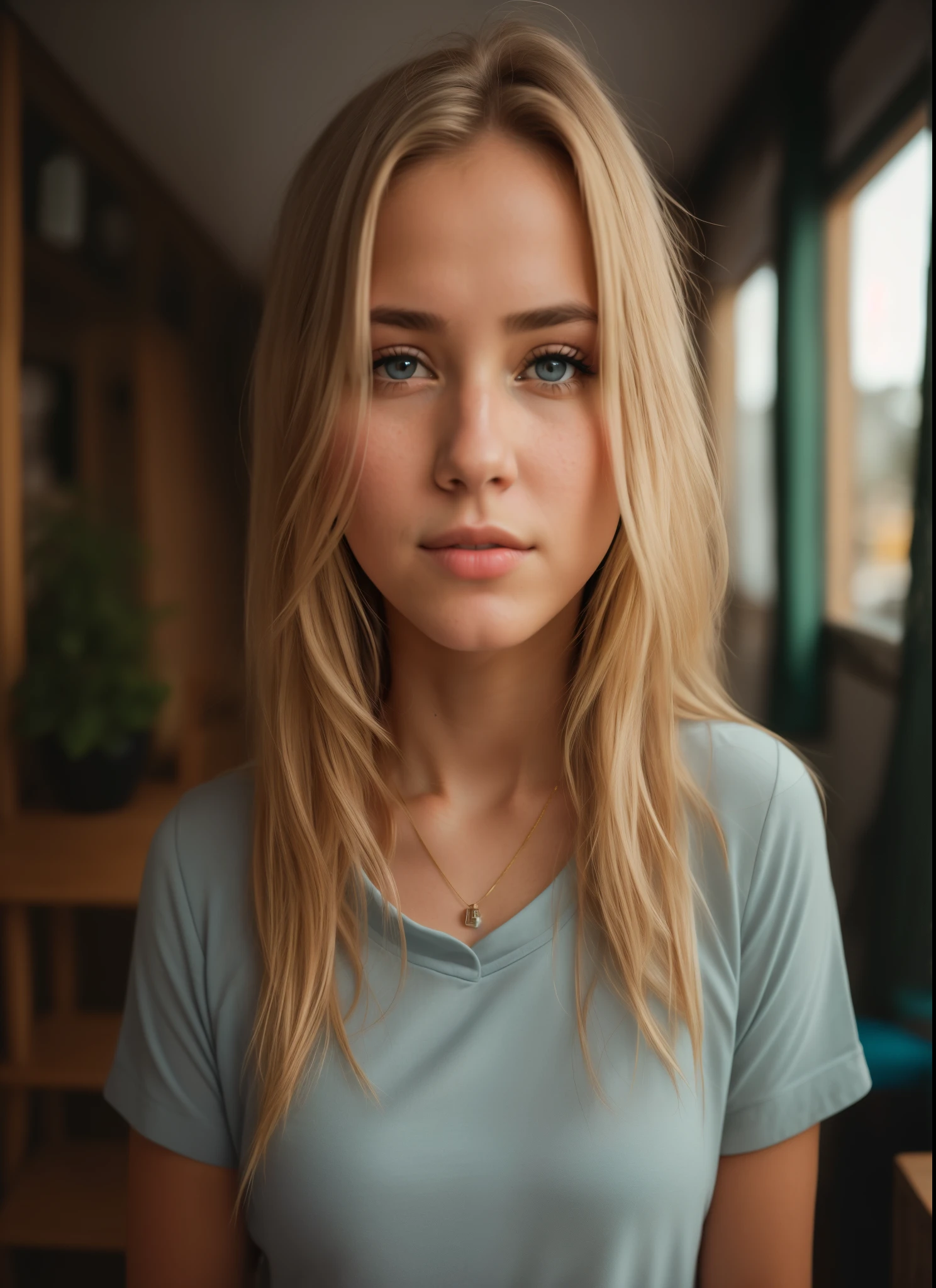 Mujer rubia con ojos azules y un collar en el cuello, 🤤 girl portrait, Retrato suave 8 K, Retrato de 60 mm, retrato de 50 mm, retrato de 70 mm, retrato perfectamente centrado, hermosa chica rubia, linda mujer joven, beautiful girl portrait, Portrait of a beautiful girl, foto de una mujer hermosa, Retrato centrado en la cara, 50 mm lens photo portrait