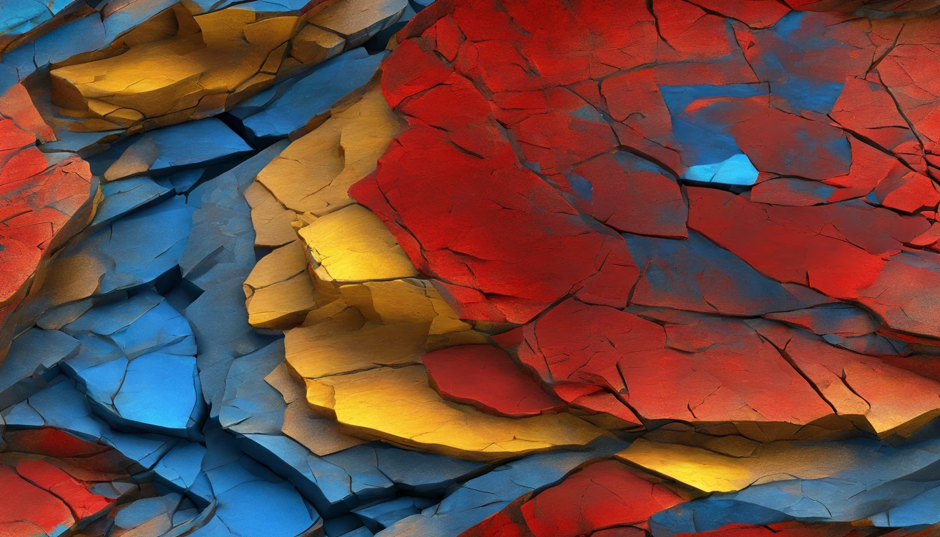 A high-resolution image showcasing an abstract background of cracked stone with vibrant red, yellow, and blue colors, creating a visually striking and dynamic composition that draws the viewer’s attention