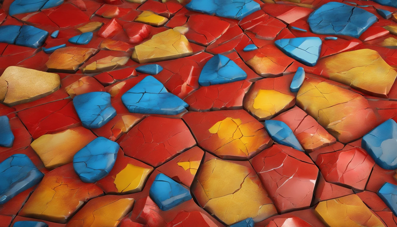 A high-resolution image showcasing an abstract background of cracked stone with vibrant red, yellow, and blue colors, creating a visually striking and dynamic composition that draws the viewer’s attention