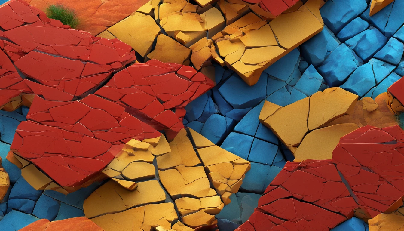 A high-resolution image showcasing an abstract background of cracked stone with vibrant red, yellow, and blue colors, creating a visually striking and dynamic composition that draws the viewer’s attention