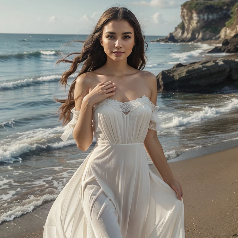 beautiful girl with a confident expression, Soft lighting, Artistic oil painting style, Vibrant colors, High contrast, Dynamic composition, Captivating gaze, Subtle smile, Graceful posture, Serene and peaceful background, Elegant and graceful movements, Impeccable attention to detail, Fine brushstrokes, Intricate patterns, Long flowing dress, Delicate lace accents, Exquisite jewelry, Sparkling gemstones, Realistic rendering, Dreamlike atmosphere, Intense emotion, Feminine charm, Enigmatic aura, dressed in beach clothes, posing by the water of the sea