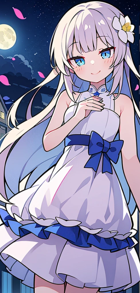 masterpiece, best quality, 1 girl, (rich and colorful),(And its delicate and beautiful eyes and delicate face),Half-length photo,Extremely detailed CG unified 8k wallpaper,Long white hair,blue eyes, alone,Smile,Complex skirts,((Fly petals)),(meadow with flowers), Sky, cloudy_Sky, architecture, moon, night, Light, fantasy,