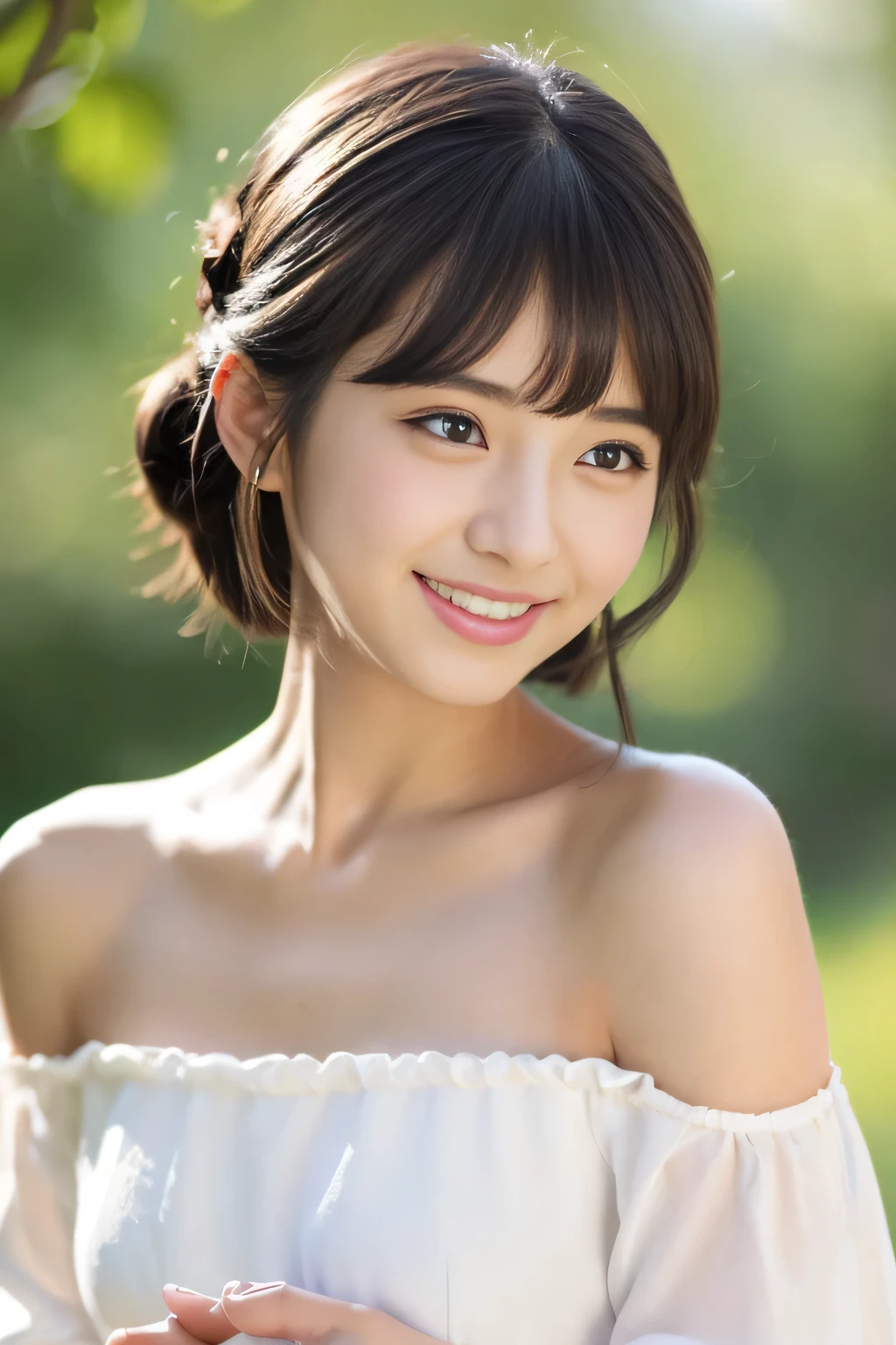 (((masterpiece))), Two Adorable Japanese Girls, Intimate Moment, Close Friends, Pure and Innocent, Kawaii, 超高Definition,  realistic, ultra-detailed, 8K, top-quality, Extremely detailed,  Detailed background,
A Slender, Very Beautiful Japanese Girl with Boyish Short Hair, A Dark-Haired Girl, Kawaii and Adorable 14-year-olds,
Perfect Bodies: 1.1, Showing Off White Dresses, Beautiful Teeth Shining, Bursting Smiles,
Detailed Off-Shoulder Clavicles and Scrunchies, Super Detailed F