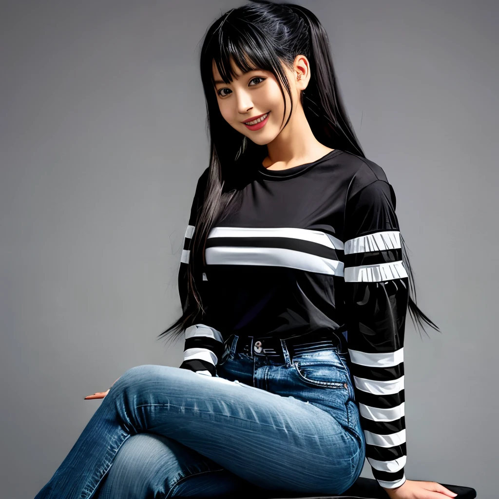 Masterpiece, absurdres, extremely detailed, woman, black tshirt (white stripe sleeves), hair extensions, sitting, smile, black jeans