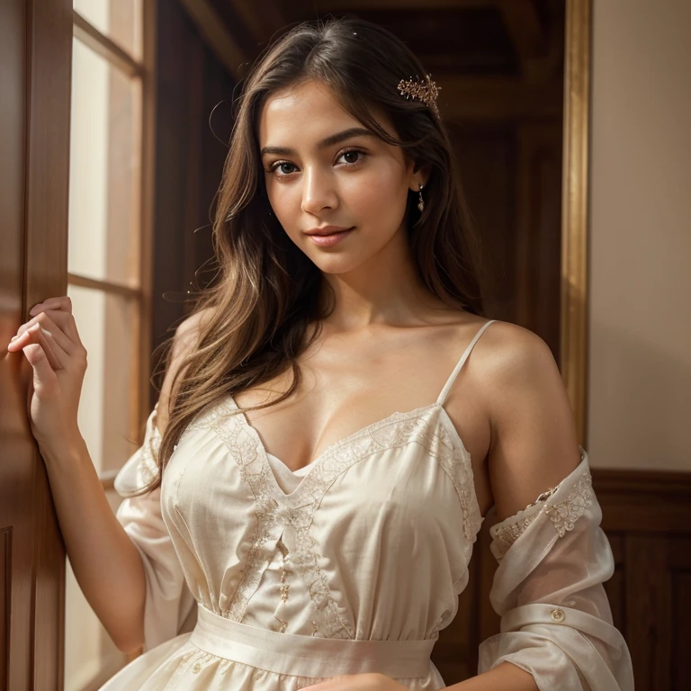 1 girl, 19 years, alone, aesthetic art, wavy brown hair, shoulder length brown hair, grey eyes, light grey eyes, light brown skin, big breasts, hefty body, (textured skin, skin pores: 1.1 ), (mole: 0.8), imperfect skin, Goosebumps, (Extremely detailed 8K wallpaper), soft lighting, high quality, cinematic grain, sharp focus Fujifilm XT3, f5to.6, 50mm, very high details, sharp focus , (natural light), in a white dress. A white sun dress, floral print sundress, crazy details, intricate details, hyper detailed