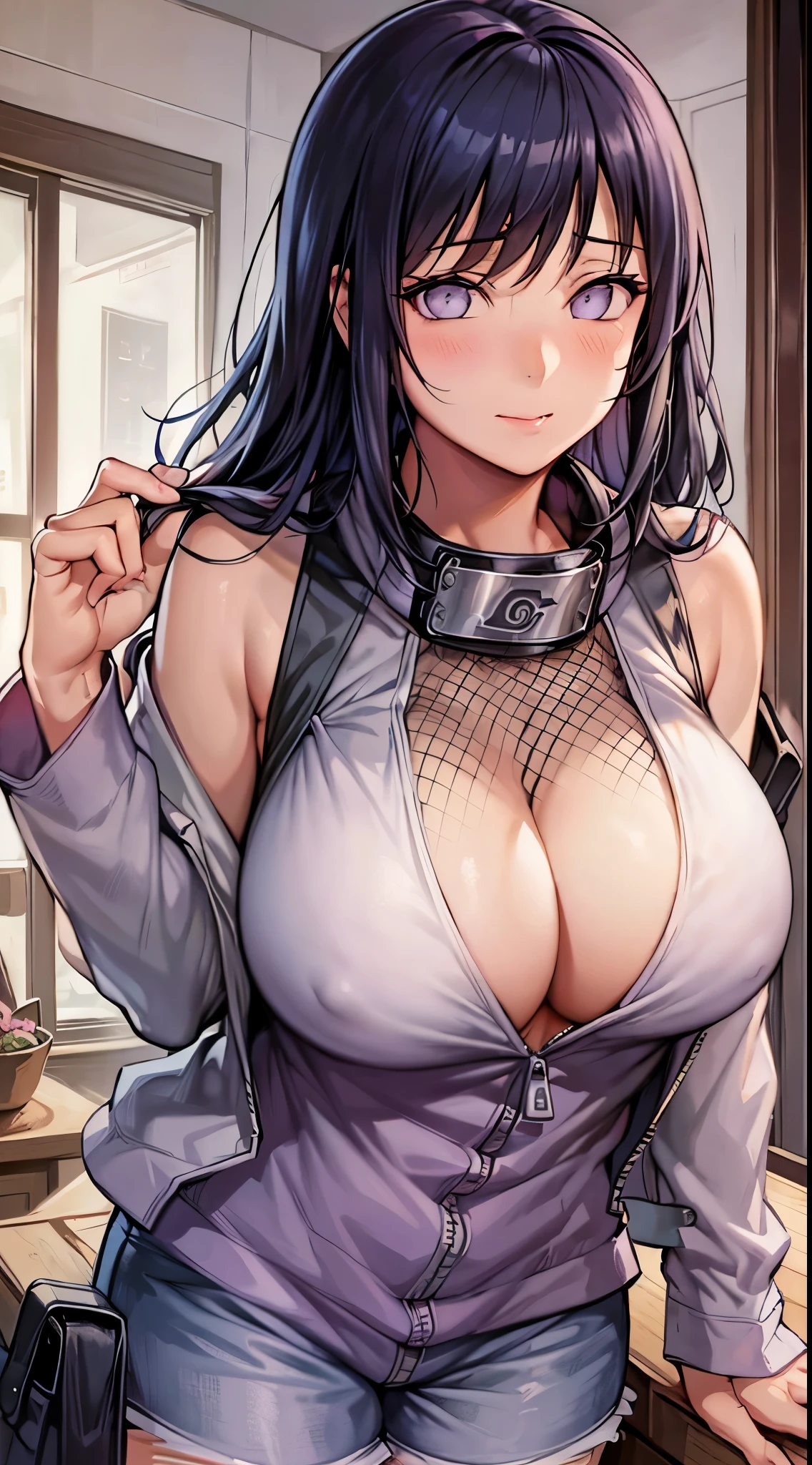obra maestra, high resolution, alta calidad, cara detallada, Renderizado detallado del cuerpo, 1 chica, Solo, Hyuuga Hinata, Traje sin mangas de Hinata, pechos grandes, pecho grande, camisa sin mangas, top de rejilla, labios oscuros, chaqueta sin cremallera, sin sujetador, pechos afuera, nipple, de pie, se sonroja, (en el dormitorio)