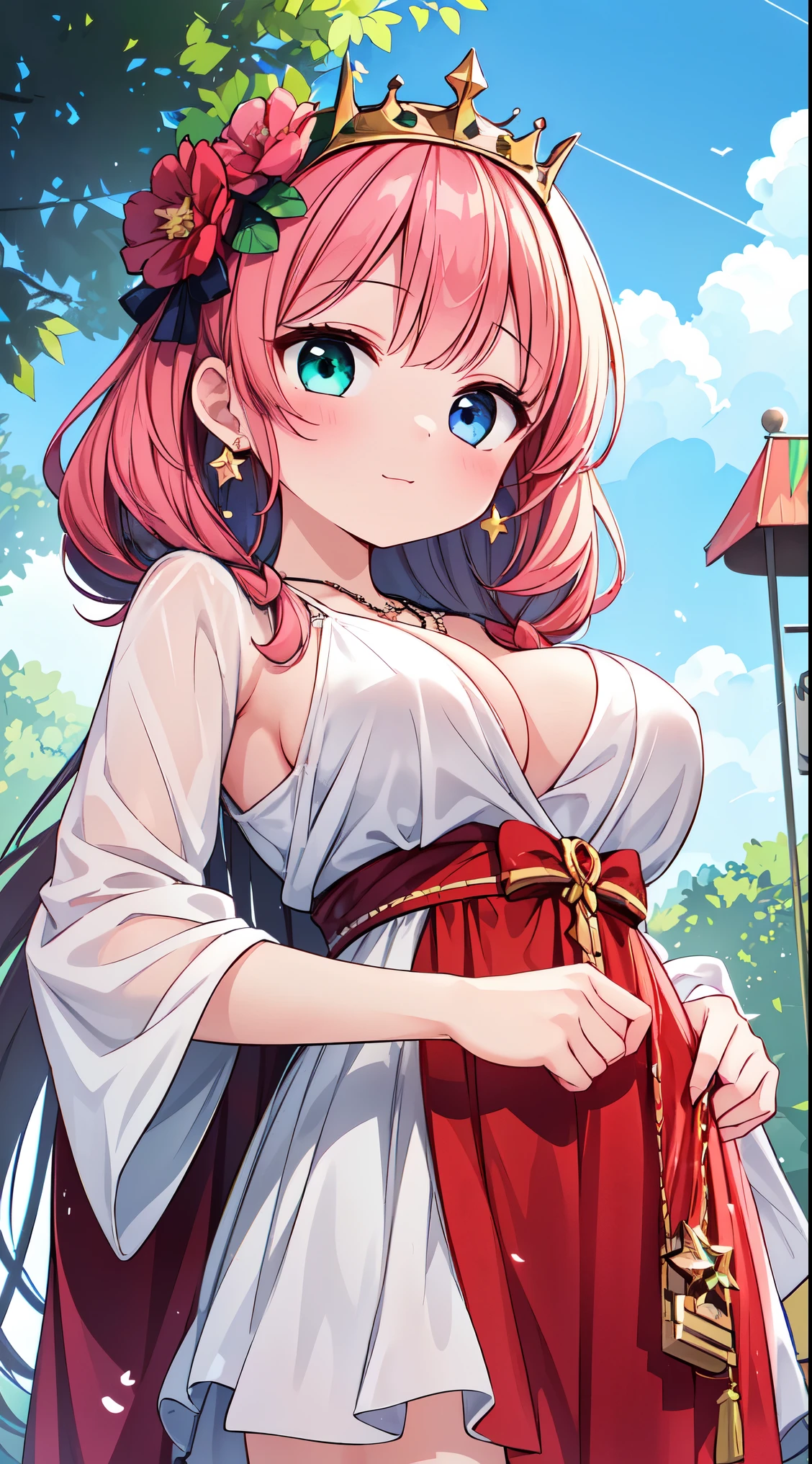 (super fine illustration:1.2),(masterpiece, 8k), (best quality, high quality:1.4), perfect anatomy, hyper detailed, ultra detailed,masterpiece background,beautiful detailed background, v8k wallpaper,perfect design,award-winning art,atmospheric,
BREAK, one beautiful girl, ( girl),alone,(kawaii:1.5),(Chibi:0.6),(cute:1.5),(:1.5),break,(17 year old beautiful girl,very detailed,Colorful,best details,transparent skin,Shining beautiful skin,shy,very detailed,Colorful,best details,BREAK,transparent skin,Shining beautiful skin,shy skin,break,(heterochromia,blue eyes,green eyes, eye highlights,first ultrafine star:1.45),star eye silhouette ,BREAK,(pink hair, semi-long hair, bow:1.4),(twin braids,slightly curly hair,princess cut, crossed bangs:1.3),(big breasts,beautiful breasts:1.5),(long eyelashes, double eyelid:1.2),alone,glowing skin, transparent skin, Shining beautiful skin,(highest quality face),(highest quality bright eyes),(light smile:1.45),
BREAK, (1girl, solo, looking at viewer, walking:1.2), (Amusement park:1.2), (attractions, theme parks, roller coaster:1.2), (ferris wheel:1.2), (flower, fountain:1.2), (outdoor:1.2), beautiful detailed sky, dating, sunlight, beautiful lighting, volumetric lighting,
BREAK ((white camisole), detailed frilled camisole), (red skirt, detailed laced skirt), (tiara, necklace, earrings), (flower crown, flower head, side flower head, flower hair ornament:1.5)
BREAK,wakame,wakame,wakame,(cowboy shot,from below:1.5) ,
BREAK,(Blurry background:1.3),(absurderes, hight resolution, Super Detail Art),cel shading,Clear Color, Lonely optical effect, Beautiful pictures, Bright glow, mystic atmosphere,(Close-up of girl:1.1), Mystical light particle effect,manga influence, clean line drawings,
