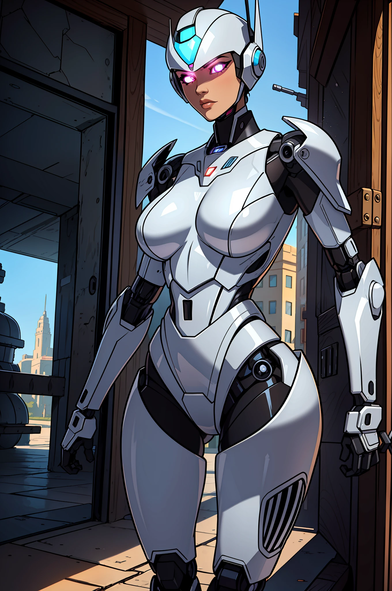 best qulity, high-detail, 8K, Bionic mecha girl, fully robotic, describe a main character, full lips, glowing eyes