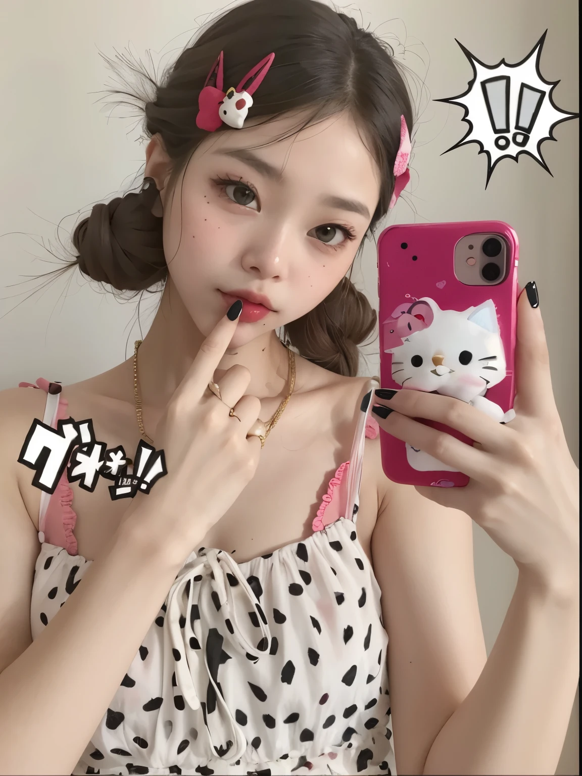 there is a woman that is holding a cell phone and wearing a ei gatinha outfit, very beautiful Bonitinho catgirl, (cores rosa), ei gatinha, 🎀 🧟 🍓 🧚, Estilo de capa de célula, 🎀 🗡 🍓 🧚, Bonitinho:2, selfie, very Bonitinho features, Estilo Kawaii, katelynn mini Bonitinho style, selfie, Ulzzang