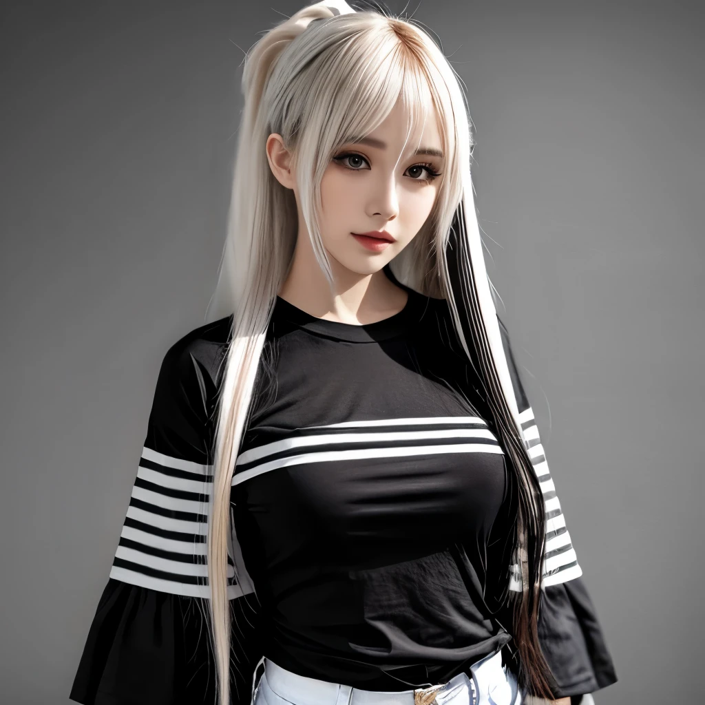 Masterpiece, absurdres, extremely detailed, woman, black tshirt (white stripe sleeves), hair extensions, black jeans