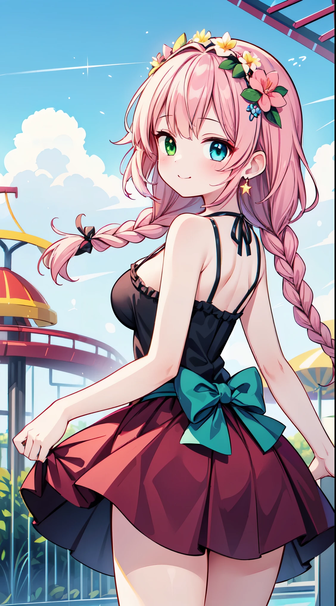 (super fine illustration:1.2),(masterpiece, 8k), (best quality, high quality:1.4), perfect anatomy, hyper detailed, ultra detailed,masterpiece background,beautiful detailed background, v8k wallpaper,perfect design,award-winning art,atmospheric,
BREAK, one beautiful girl, ( girl),alone,(kawaii:1.5),(Chibi:0.6),(cute:1.5),(:1.5),break,(17 year old beautiful girl,very detailed,Colorful,best details,transparent skin,Shining beautiful skin,shy,very detailed,Colorful,best details,BREAK,transparent skin,Shining beautiful skin,shy skin,break,(heterochromia,blue eyes,green eyes, eye highlights,first ultrafine star:1.45),star eye silhouette ,BREAK,(pink hair, semi-long hair, bow:1.4),(twin braids,slightly curly hair,princess cut, crossed bangs:1.3),(big breasts,beautiful breasts:1.5),(long eyelashes, double eyelid:1.2),alone,glowing skin, transparent skin, Shining beautiful skin,(highest quality face),(highest quality bright eyes),(light smile:1.45),
BREAK, (1girl, solo, looking at viewer, walking:1.2), (Amusement park:1.2), (attractions, theme parks, roller coaster:1.2), (ferris wheel:1.2), (flower, fountain:1.2), (outdoor:1.2), beautiful detailed sky, dating, sunlight, beautiful lighting, volumetric lighting,
BREAK ((white camisole), detailed frilled camisole), (red skirt, detailed laced skirt), (tiara, necklace, earrings), (flower crown, flower head, side flower head, flower hair ornament:1.5)
BREAK,wakame,wakame,wakame,(cowboy shot,from behind:1.5) ,
BREAK,(Blurry background:1.3),(absurderes, hight resolution, Super Detail Art),cel shading,Clear Color, Lonely optical effect, Beautiful pictures, Bright glow, mystic atmosphere,(Close-up of girl:1.1), Mystical light particle effect,manga influence, clean line drawings,