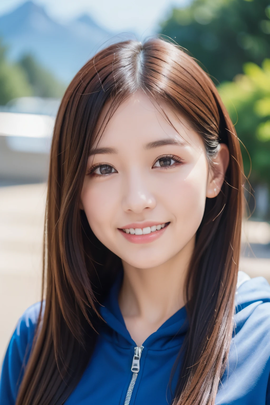 woman 29, full body, cute, ultra-detailed human face, long dark hair, fringe, ultra-detailed brown eyes, ultra-detailed teeth, white teeth, wearing a hoodie, it's snowing, mountains, amazing fine detail, Canon 5DM4, film stock photograph, f1.6 lens, lifelike texture, unreal engine, photorealist, real life
