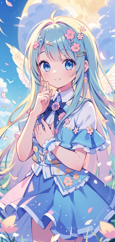 masterpiece, best quality, 1 girl, (rich and colorful),(And its delicate and beautiful eyes and delicate face),Half-length photo,Extremely detailed CG unified 8k wallpaper,Long white hair,blue eyes, alone,Smile,Complex skirts,((Fly petals)),(meadow with flowers), Sky, cloudy_Sky, architecture, moon, night, Light, fantasy,