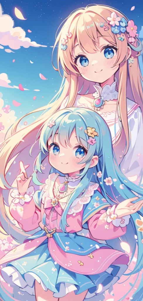 masterpiece, best quality, 1 girl, (rich and colorful),(And its delicate and beautiful eyes and delicate face),Half-length photo,Extremely detailed CG unified 8k wallpaper,Long white hair,blue eyes, alone,Smile,Complex skirts,((Fly petals)),(meadow with flowers), Sky, cloudy_Sky, architecture, moon, night, Light, fantasy,