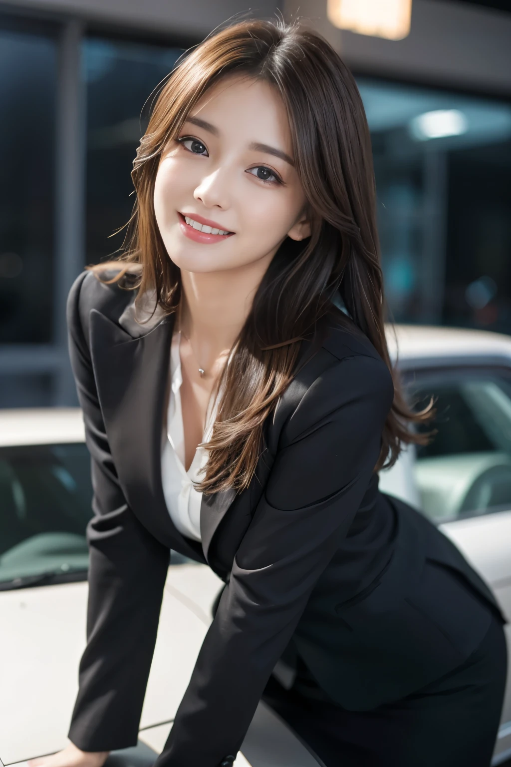 table top, best quality, realistic, very detailed, in detail, high resolution, 8k wallpapers, 1 beautiful woman,, Light brown messy hair, in a business suit, sharp focus, Complete dynamic configuration, beautiful and delicate eyes, detailed hair, 섬세하고 realistic 피부 결, laughing, Close-up portrait, Model Body Type, slender full body model , passenger car model, dark car, Dim lighting