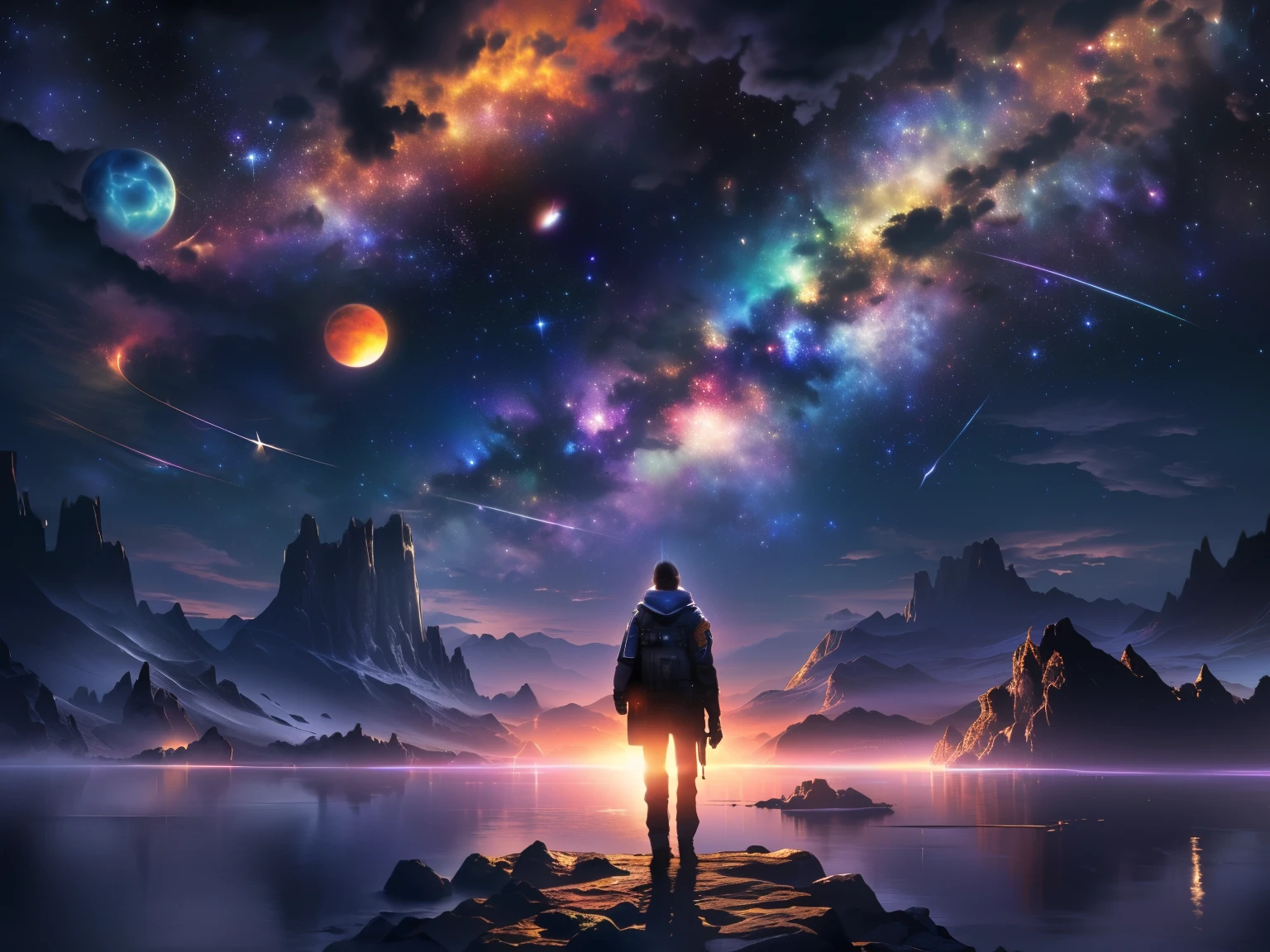 A man in armor looks at the stars in the sky from a rock, cosmos sem fim no fundo, Olhe para o universo, Arte digital 4k altamente detalhada, perdidos no vazio leitoso, amazing wallpaper, obra-prima de artgem e beeple, 8k arte deslumbrante, Papel de parede de arte digital 8K HD, lost in the immensity of space, Alguns planetas, buraco negro