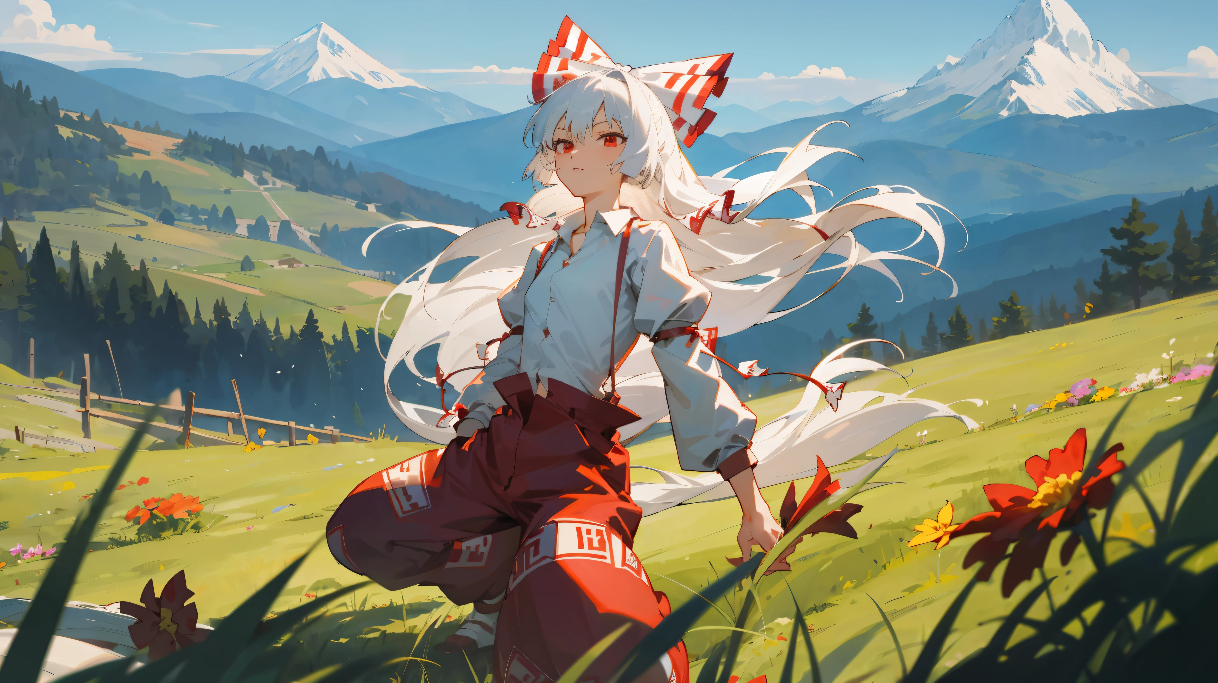 Fujiwara no Mokou(from Touhou),,white hair, a lot of flowers, grass, perfect anatomy, . Mountains, high resolution, red eyes,