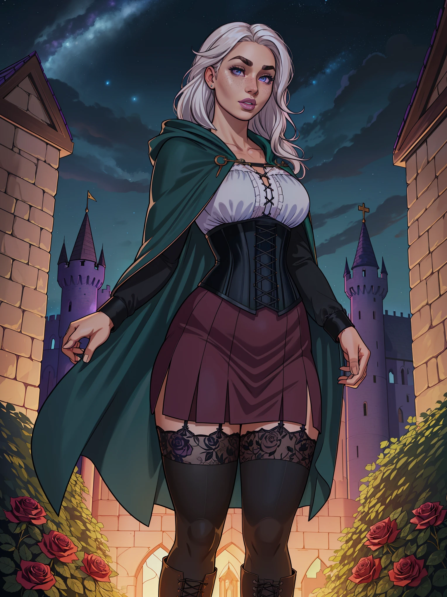Solo, human, 1girl, female, curvy, adult, Fair skin, Wavy White Hair, hair on shoulders, (freckles:0.9), heterochromia eyes, green eye, purple eye, glowing eyes, eyebrows, eyebrow cut, thin lips, bow lips, d-cup , black combat skirt, hooded cloak, blue cloak, corset, collard shirt, opaque lace stockings, combat boots, (by JJGG, masterpiece,high quality,hi res,8k hd),standing,close-view portrait,looking at viewer,night, outdoor, castle, floating gemstone, cross rose gemstone, detailed hair, detailed eyes, rwby rose clothes,