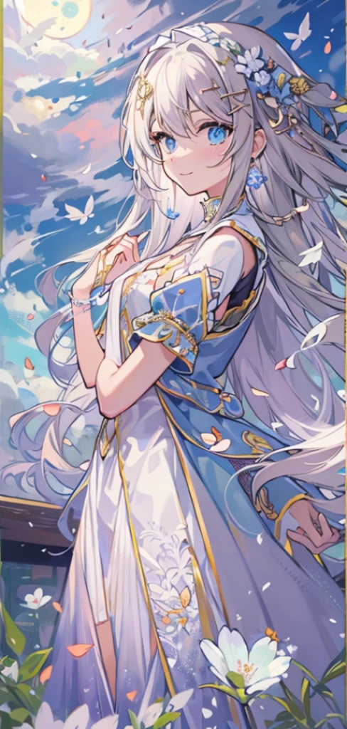 masterpiece, best quality, 1 girl, (rich and colorful),(And its delicate and beautiful eyes and delicate face),Half-length photo,Extremely detailed CG unified 8k wallpaper,Long white hair,blue eyes, alone,Smile,Complex skirts,((Fly petals)),(meadow with flowers), Sky, cloudy_Sky, architecture, moon, night, Light, fantasy,