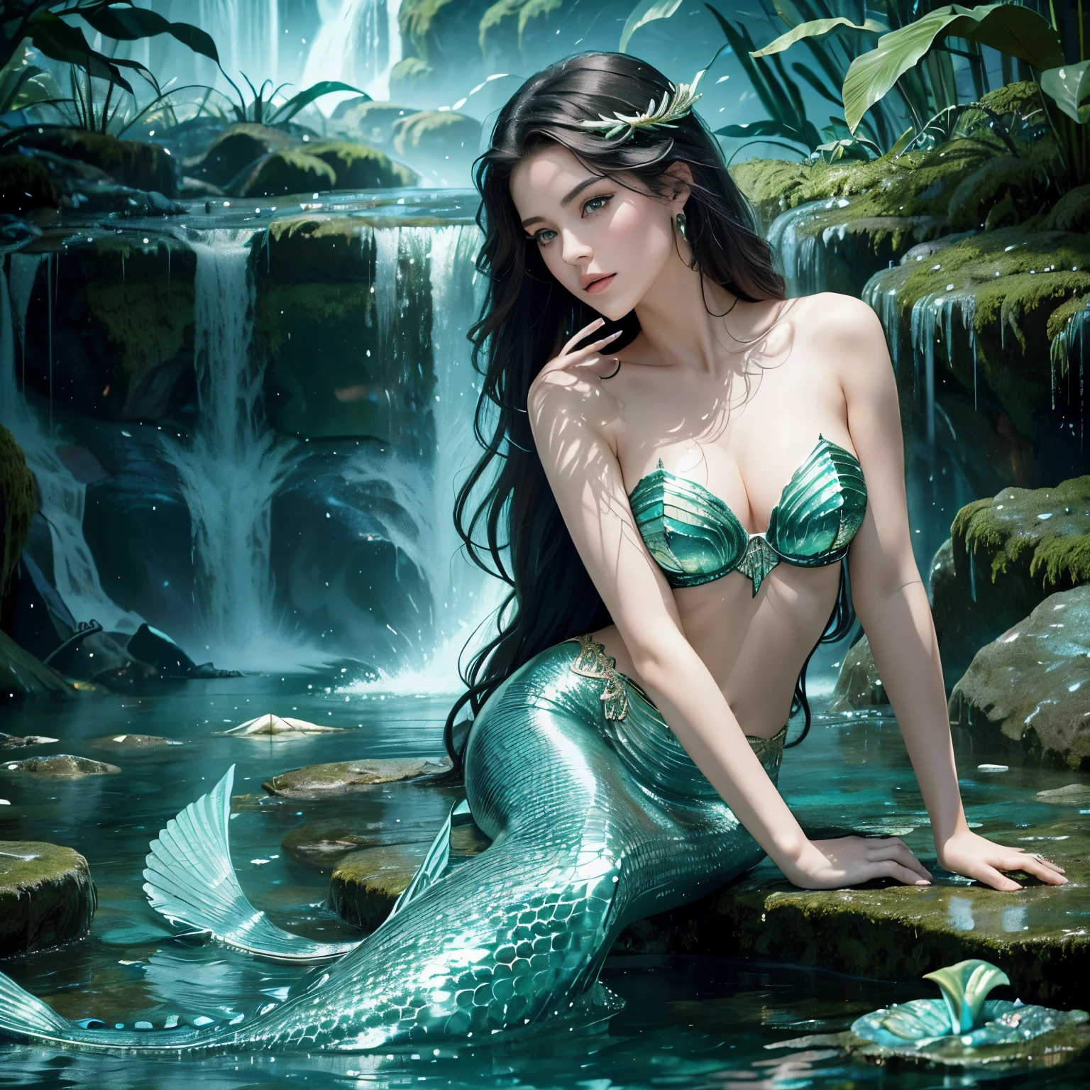 Create a breathtaking mermaid scene with a beautiful mermaid possessing long black hair and captivating green eyes. Instead of legs, she should have a fish tail, signifying her mermaid identity. The serene setting is a majestic waterfall nestled in the heart of the Amazon rainforest. The mermaid gracefully sits atop a moss-covered rock, meticulously combing her flowing locks with her hands.

Inspired by the intricate CGI employed in the film Transformers: The Dark Side of the Moon, let's craft a masterpiece using these prompt words:

A stunning mermaid, boasting a superbly beautiful face