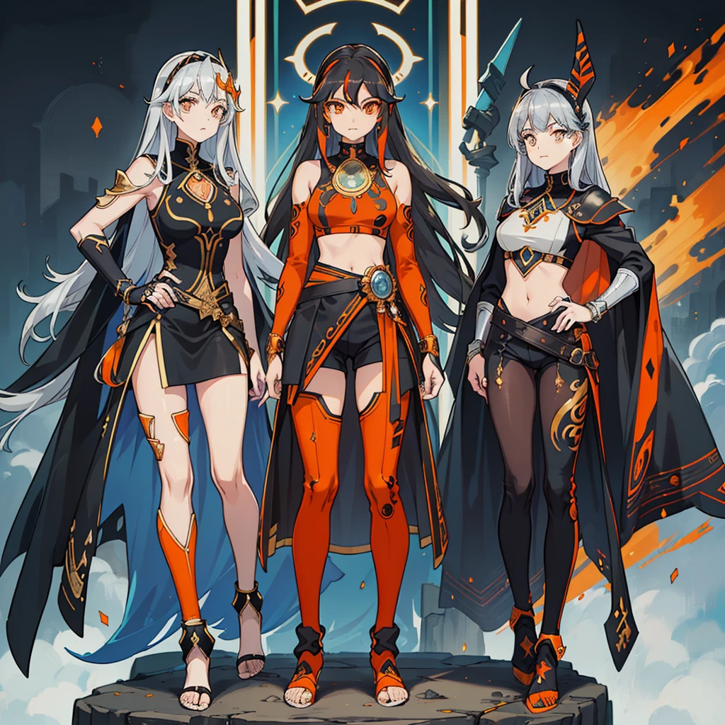 masterpiece, best quality, absurdres, 3 girls (((full body))), standingn, lots of clothes, from head to toe (((three character))), female, (((dark skin))), a mix of tech and tribal, Black hair with a ponytail, Light Blue eyes, and a Light Blue frame, ((Black Metallic Gauntlets and Greaves with Red and Silver Highlights)), (((The Clothes have a Mix of Modern and Tribal))), mostly black, but with parts in red, Shoulders on Display, On the hip, a short that extends to mid-thigh in black, full body