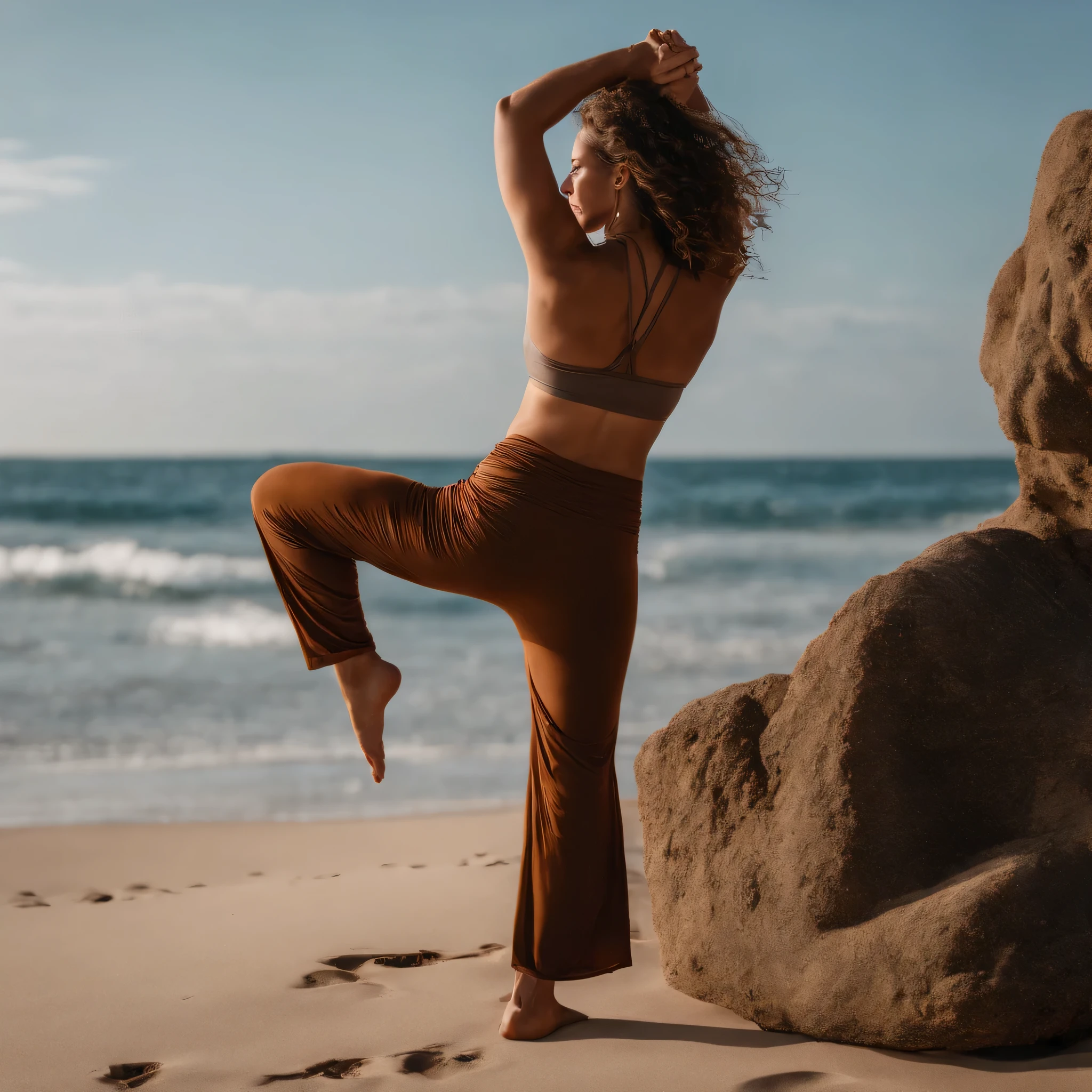 cheveux brune yeux marrons pantalon de yoga serré position de yoga portant debout visibles au milieu avec les seins enlevés qui pointe au bord d 'une plage 