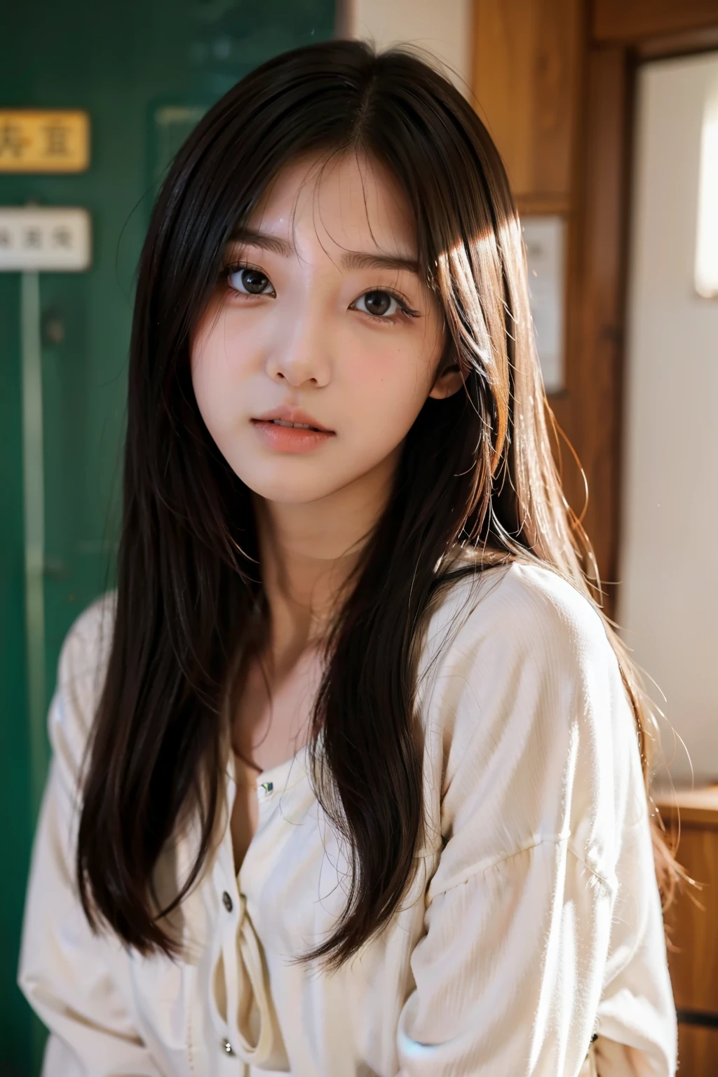 Innocent，female high-school student，mid - length hair，二重まぶた，largeeyes，long eyelasher，Live-action texture，perspire，4k，The feeling of first love，