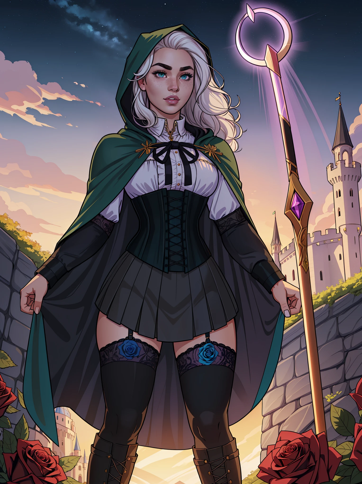 Solo, human, 1girl, female, curvy,  adult, Fair skin, Wavy White Hair, hair on shoulders, (freckles:0.9), heterochromia eyes, green eye, purple eye, glowing eyes, eyebrows, eyebrow cut, thin lips, bow lips, black combat skirt, hooded cloak, blue cloak, corset, collard shirt, opaque lace stockings, combat boots, (by JJGG, by Chuby Mi, masterpiece,high quality,hi res,8k hd),standing,close-view portrait,looking at viewer,night, outdoor, castle, floating gemstone, cross rose gemstone, detailed hair, detailed eyes, rwby rose clothes,