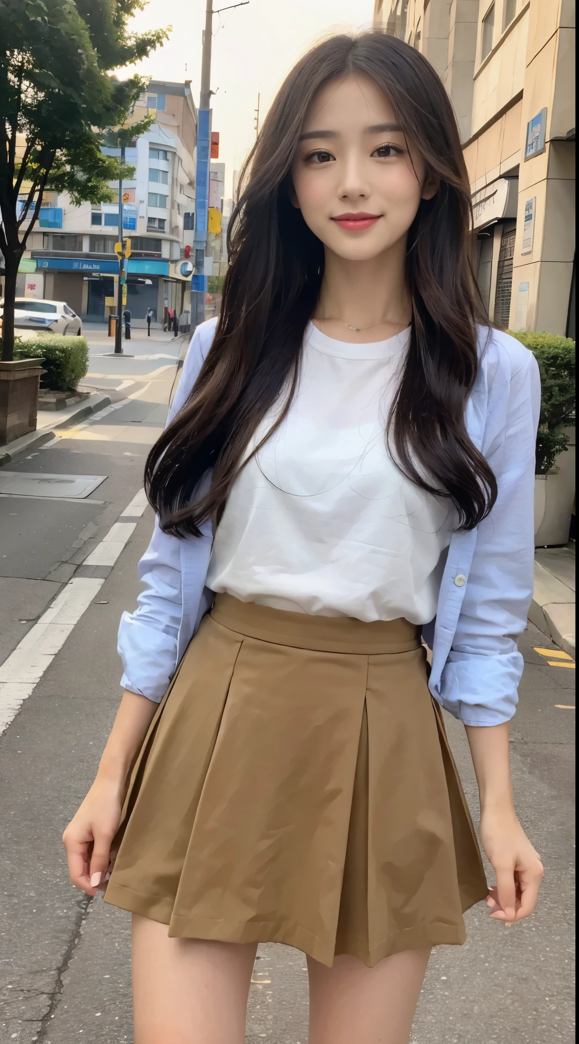 ((top-quality、8K、masterpiece:1.3))、Beautiful woman with perfect body shape:1.4、(Brown Long Hair、small :1.3)、Casual wear、In the street、Highly detailed facial and skin texture、A detailed eye、二重まぶた、A smile:1.5、full body Esbian、student clothes、japanese sailor suits、skirt by the