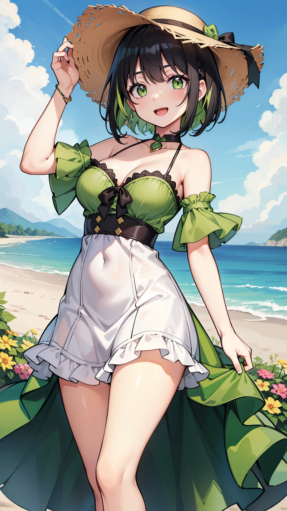 ((Split-color hair, black hair, green hair)), green eyes,white dress,short hair, high quality, masterpiece, best quality,open mouth, medium breasts, sunhat ,smile, outdoors, small breasts