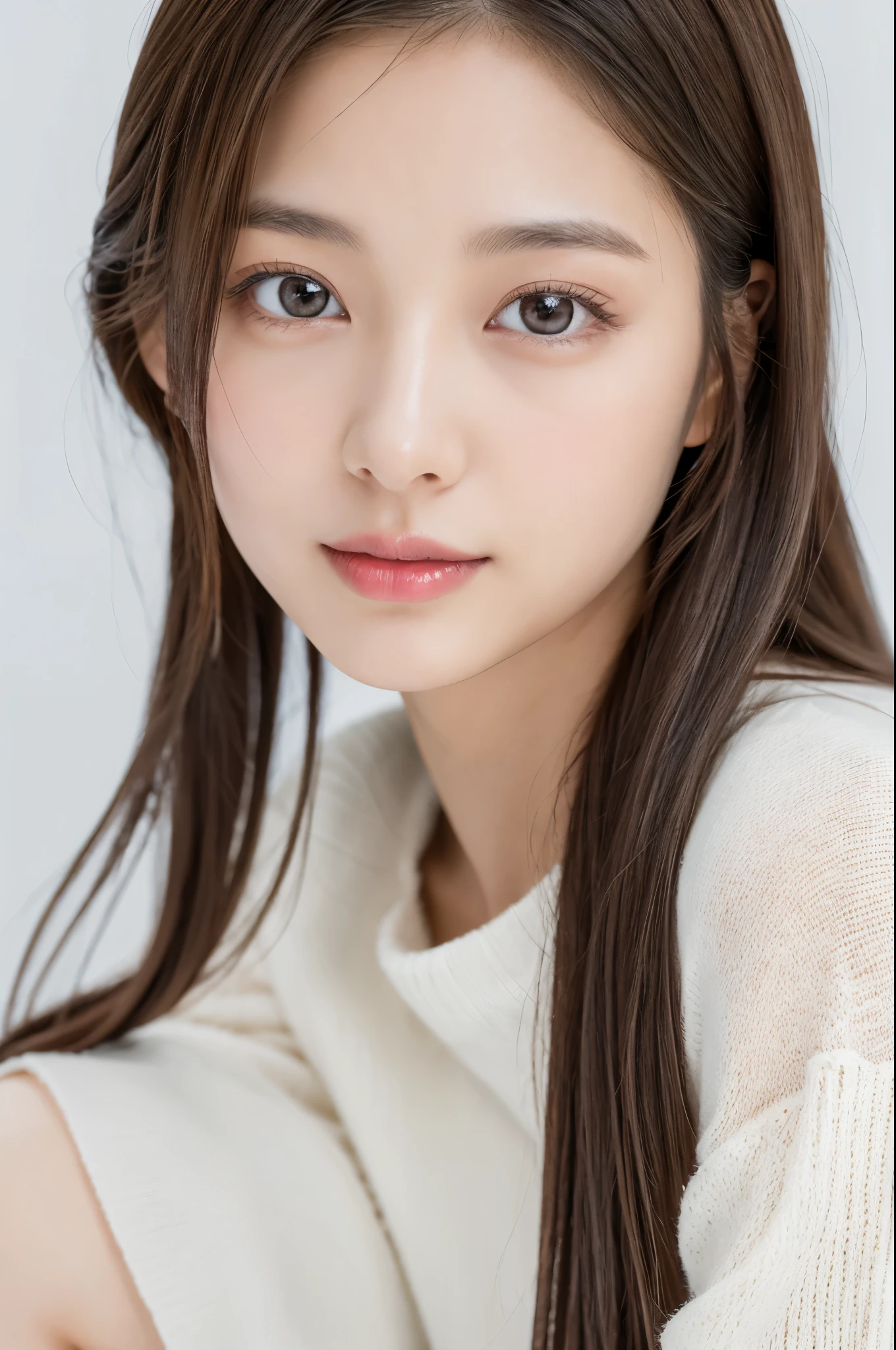 Young japanese lady, 30s, White background, It features a simple背景, white-brown hair, slender, 4K, in 8K, High quality, Beauty, Beautiful eyes, It features a simple, High resolution,1 person,Beautiful skins,Beautiful skin,wearing a white knit,Winters,lipsticks