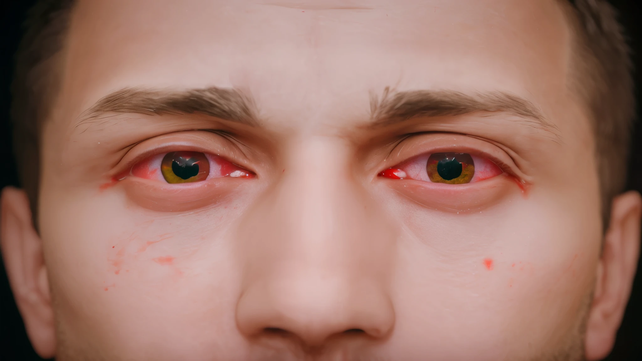 there is a man with a tie on his neck looking at the camera, blood seeping from eyes, watery red eyes, large red eyes, fully red eyes no pupils, fully red eyes, red-eyes, intense watery glowing red eyes, red eyes, aerochrome eyes, bright red eyes, his eyes are red and glowing, red eyes glowing