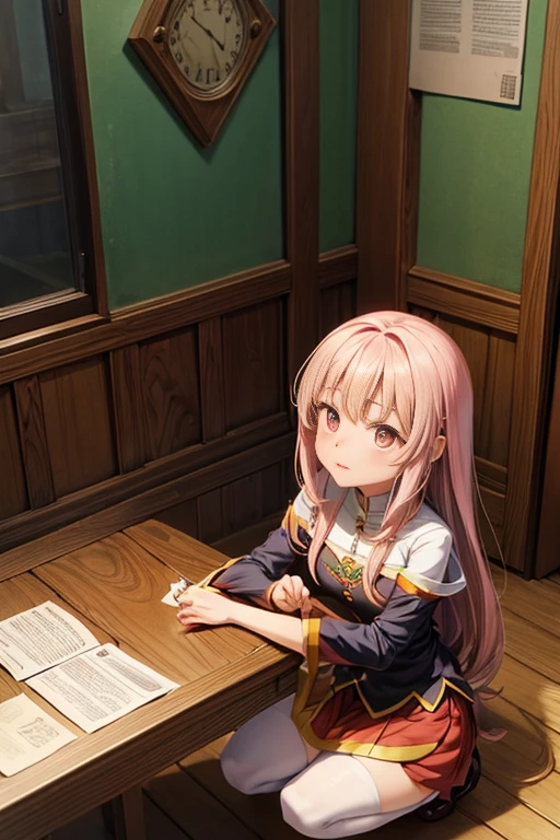Cartoon characters sitting at table in walled room, leaflet, anime girl squatting, aromatic, leaflet anime style, megumin from leaflet, Little Witch Academy, anime yulu camp, in animated movies, anime scene, Screenshots from animated movies, anime screenshot