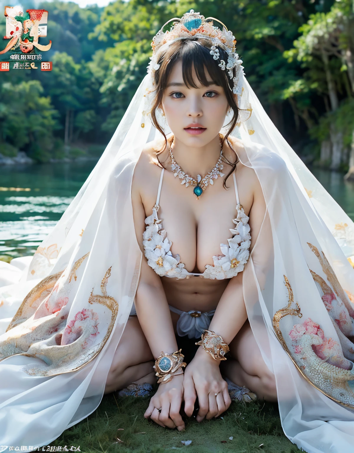 (intense chest expression）,highest quality、masterpiece、Super high resolution、（ゴールドdragon armor）、(((big breasts))),dragon armor、(((large floral ornament on the head))),(((Micro bikini with attention to detail))),(wears a beautiful crown made of precious stones),(Photoreal:1.4)、RAW photo、1 girl、(((random hair))、(((take various poses)))、glowing skin、(((White Chinese Dragon)))、intricate and gorgeous hair ornaments、（Looks like a gorgeous jewelry necklace）、（whole body angle）、（fight big dragonet bikini）、((beautiful lake background)),(beautiful forest background)、sheer cliff、(castle background)、((Super realistic details))、Portrait、global illumination、（sexy pose）、Shadow、octane rendering、8K、super sharp、big breasts、Raw skin exposed in the cleavage、Metal、intricate decorative details、Japan details、very intricate details、blue eyes、Eyes shining towards the camera、two stock、（whole body angle）、（veil）、(((heavy big))),((she is wearing a beautiful jeweled bangle.)),