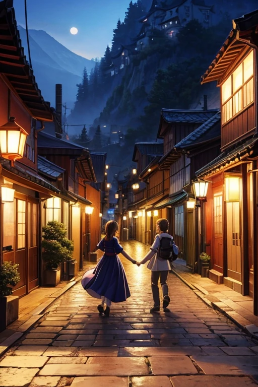 Cartoon scene of cobblestone street，A couple walking on it, ancient city streets behind her, beautiful anime scenery, beautiful anime scenes, anime rural scenery, anime scenery概念艺术, anime background art, anime scenery, Anime beautiful peaceful scene, town in background, Bustling magic town, small town background, kyoto animation still, anime scene