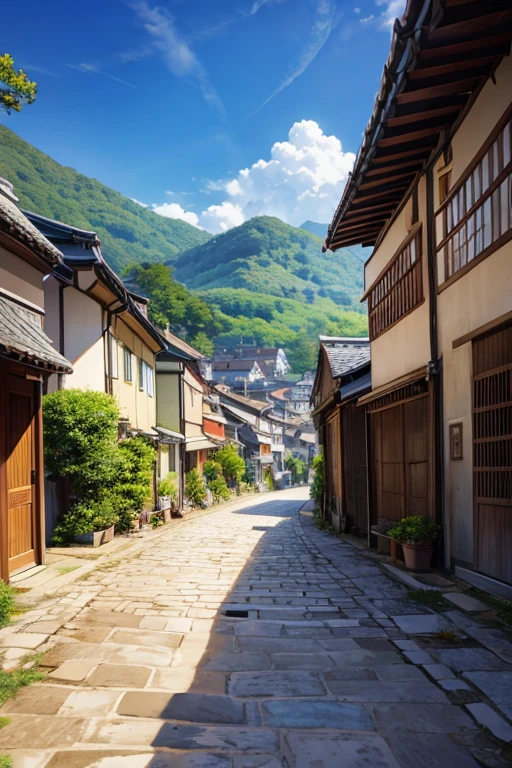 Cartoon scene of cobblestone street，A couple walking on it, ancient city streets behind her, beautiful anime scenery, beautiful anime scenes, anime rural scenery, anime scenery概念艺术, anime background art, anime scenery, Anime beautiful peaceful scene, town in background, Bustling magic town, small town background, kyoto animation still, anime scene