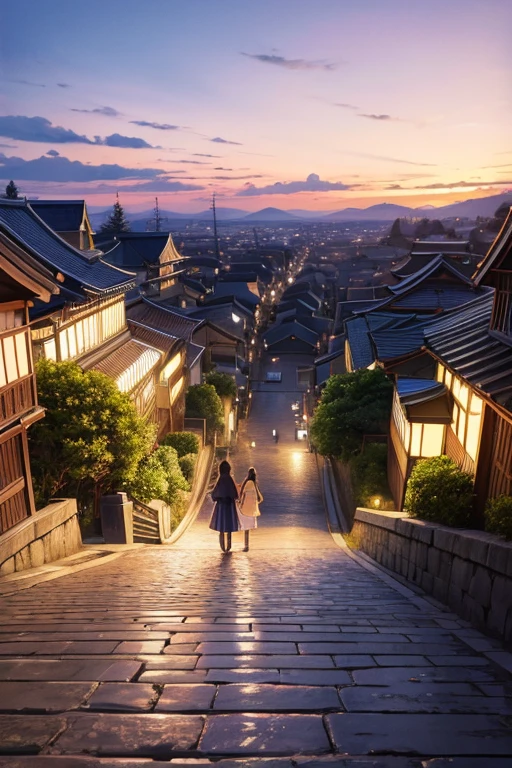 (best quality,4k,8k,highres,masterpiece:1.2),ultra-detailed,(realistic,photorealistic,photo-realistic:1.37),cartoon street scene with cobblestones, a couple walking on it, a beautiful detailed anime scene with a romantic atmosphere, a beautiful detailed anime scenery, anime countryside landscape, anime scenery concept art, anime background art, anime landscape, anime beautiful and peaceful scenery, town in the background, bustling magic town, town background, Kyoto Animation still, anime scene