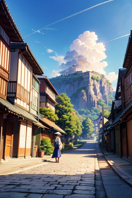 (best quality,4k,8k,highres,masterpiece:1.2),ultra-detailed,(realistic,photorealistic,photo-realistic:1.37),cartoon street scene with cobblestones, a couple walking on it, a beautiful detailed anime scene with a romantic atmosphere, a beautiful detailed anime scenery, anime countryside landscape, anime scenery concept art, anime background art, anime landscape, anime beautiful and peaceful scenery, town in the background, bustling magic town, town background, Kyoto Animation still, anime scene