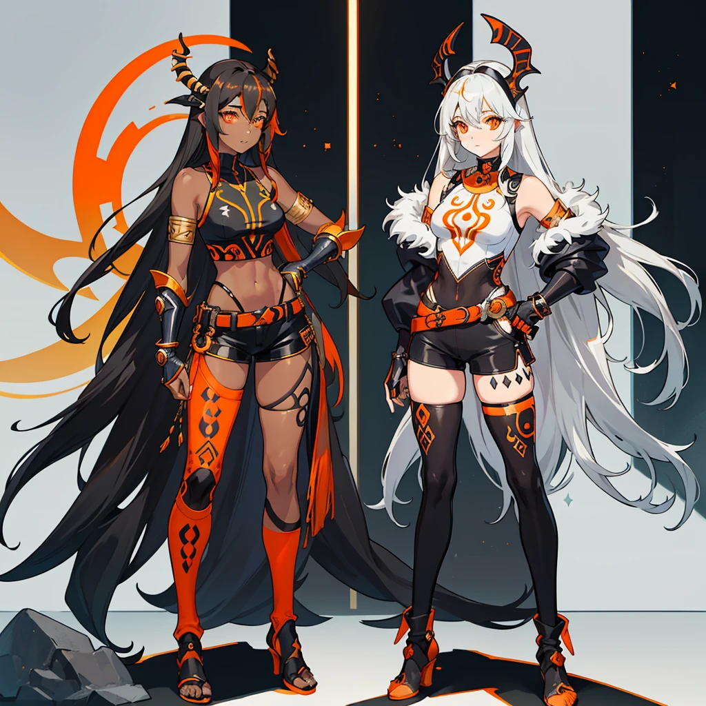 (((um personagem))), Female, (((Pele escura)))), Cabelo preto com rabo de cavalo, Olhos azuis claros, Round glasses with a small dark lens, this lens being orange, e a moldura azul claro, (((Black metallic gauntlets and greaves with orange and silver highlights)), (((The clothes have a mix of modern and tribal)))), Tendo principalmente cor preta,  but having orange pieces, Shoulders on display, On the Hip one Shorts extending to Half Thigh in black.