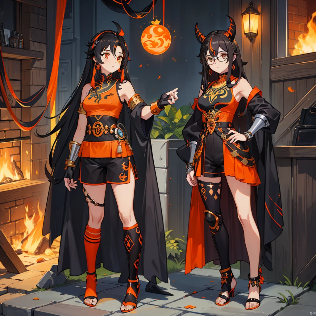 (((um personagem))), Female, (((Pele escura)))), Cabelo preto com rabo de cavalo, Olhos azuis claros, Round glasses with a small dark lens, this lens being orange, e a moldura azul claro, (((Black metallic gauntlets and greaves with orange and silver highlights)), (((The clothes have a mix of modern and tribal)))), Tendo principalmente cor preta, but having orange pieces, Shoulders on display, On the Hip one Shorts extending to Half Thigh in black.