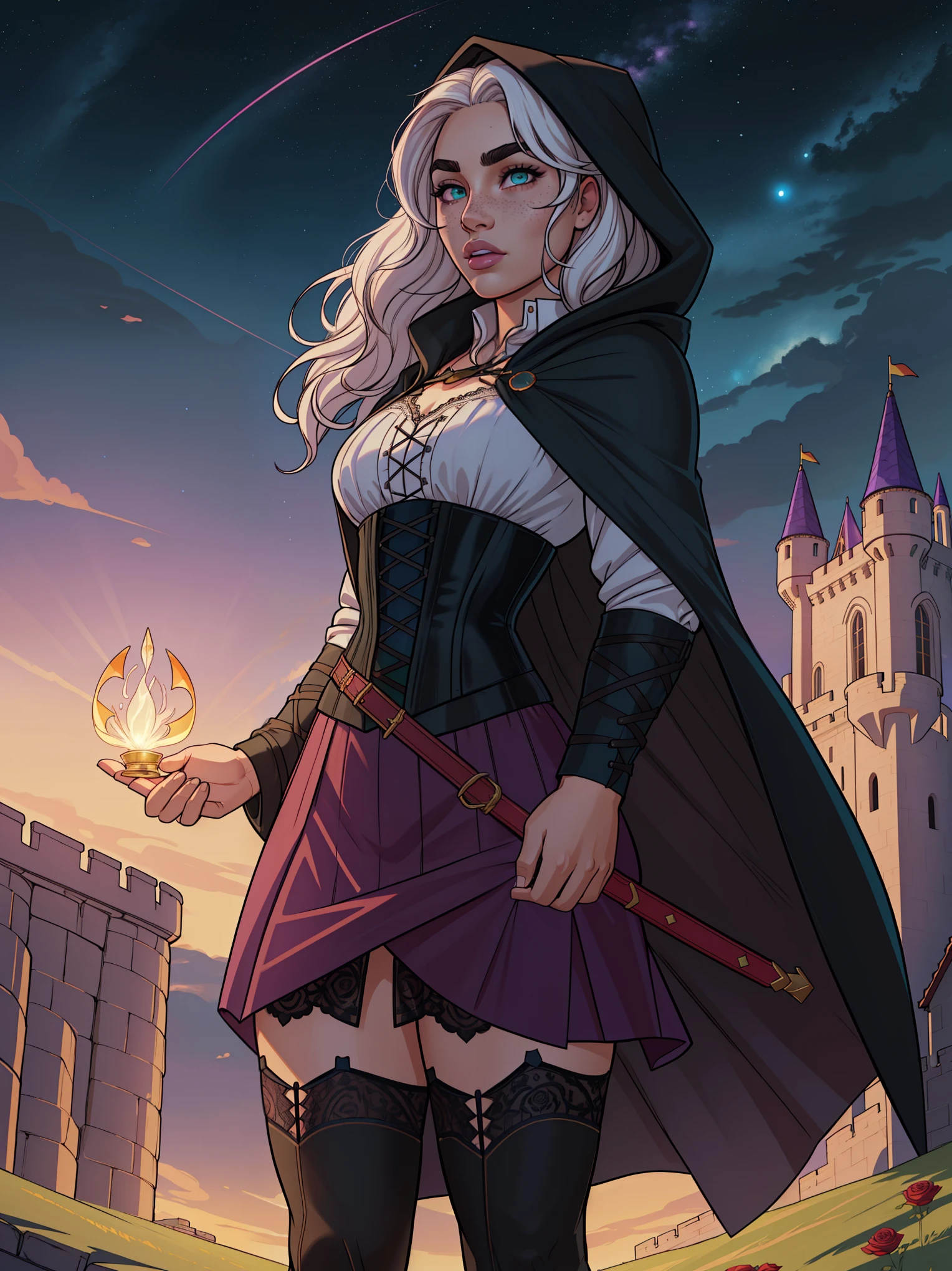 Solo, human, 1girl, female, curvy, Young adult, Fair skin, Wavy White Hair, hair on shoulders, (freckles:0.9), heterochromia eyes, green eye, purple eye, glowing eyes, eyebrows, eyebrow cut, thin lips, bow lips, black combat skirt, hooded cloak, blue cloak, corset, collard shirt, opaque lace stockings, combat boots, (by JJGG, by Chuby Mi, masterpiece,high quality,hi res,8k hd),standing,close-view portrait,looking at viewer,night, outdoor, castle, floating gemstone, gymstone, detailed hair, detailed eyes, rwby rose clothes,