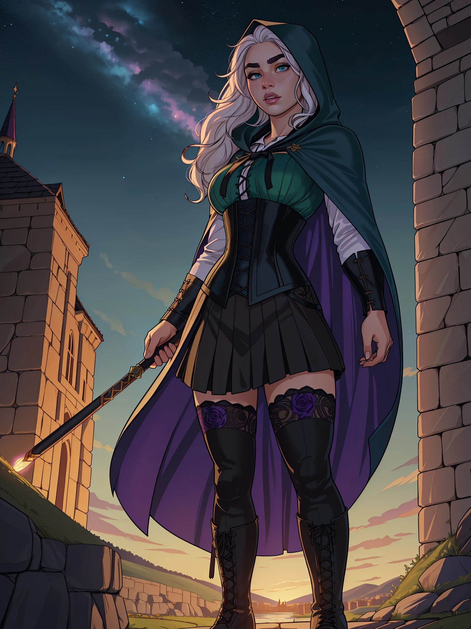 Solo, human, 1girl, female, curvy,  adult, Fair skin, Wavy White Hair, hair on shoulders, (freckles:0.9), heterochromia eyes, green eye, purple eye, glowing eyes, eyebrows, eyebrow cut, thin lips, bow lips, black combat skirt, hooded cloak, blue cloak, corset, collard shirt, opaque lace stockings, combat boots, (by JJGG, by Chuby Mi, masterpiece,high quality,hi res,8k hd),standing,close-view portrait,looking at viewer,night, outdoor, castle, floating gemstone, gymstone, detailed hair, detailed eyes, rwby rose clothes,