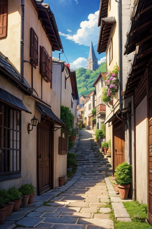 Cartoon scene of cobblestone street,Several people walked on it, ancient city streets behind her, beautiful anime scenery, anime rural scenery, anime background art, anime scenery, small town background, anime scenery概念艺术, beautiful anime scenes, Bustling magic town, Anime background main vision, anime scene, Anime beautiful peaceful scene, Medieval fantasy town
