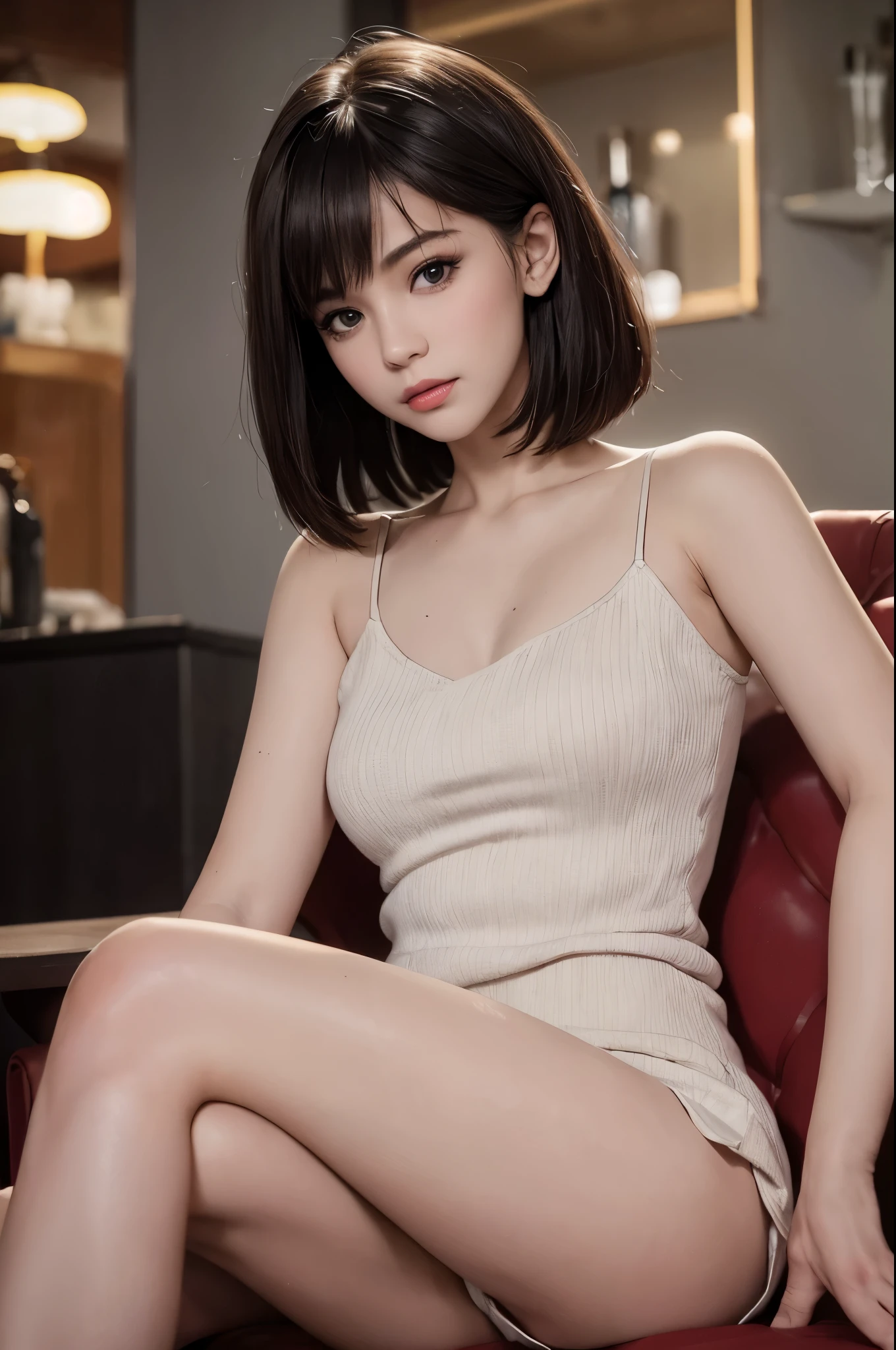 (a girl in a game club, crossed legs, medium bust, bob haircut, passionate gaze), (best quality, ultra-detailed), (portraits, photography), (vibrant colors, warm tones), (soft lighting, gentle shadows)