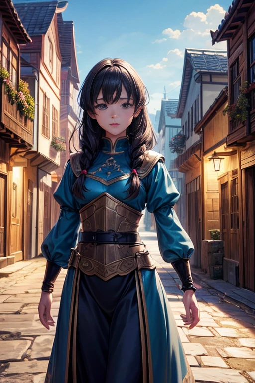 A girl walking on a cobblestone street with beautiful anime scenery, a detailed anime village landscape, a picturesque anime background artwork, a scenic anime landscape, a town background with an anime touch, a concept art of anime scenery, a beautiful anime scene, a bustling magical town, a visual centerpiece of anime background, an enchanting anime scenery, a peaceful anime scene of beauty, a medieval fantasy town.
(material:anime, detailed eyes, detailed lips), (best quality, 4k, highres, masterpiece:1.2), ultra-detailed, (realistic:1.37), HDR, UHD, studio lighting, ultra-fine painting, sharp focus, physically-based rendering, extreme detail description, professional, vivid colors, bokeh, (portrait, landscape, anime, concept art:1.1), color tone: vibrant, lighting: enchanting.