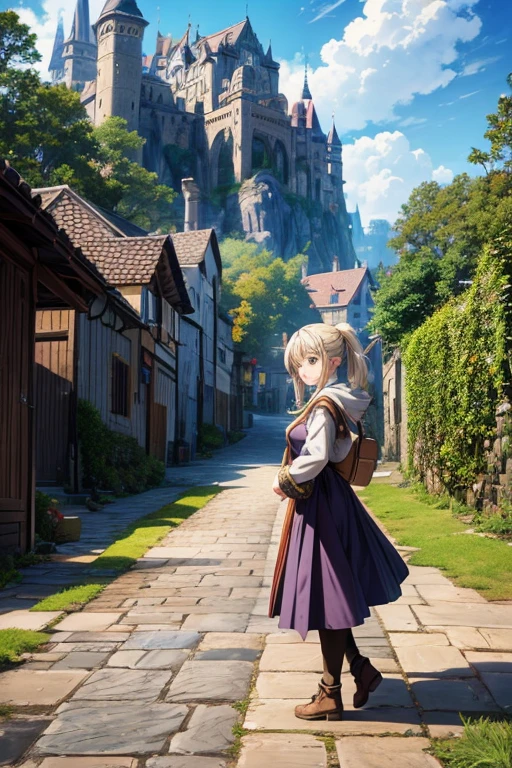 A girl walking on a cobblestone street with beautiful anime scenery, a detailed anime village landscape, a picturesque anime background artwork, a scenic anime landscape, a town background with an anime touch, a concept art of anime scenery, a beautiful anime scene, a bustling magical town, a visual centerpiece of anime background, an enchanting anime scenery, a peaceful anime scene of beauty, a medieval fantasy town.
(material:anime, detailed eyes, detailed lips), (best quality, 4k, highres, masterpiece:1.2), ultra-detailed, (realistic:1.37), HDR, UHD, studio lighting, ultra-fine painting, sharp focus, physically-based rendering, extreme detail description, professional, vivid colors, bokeh, (portrait, landscape, anime, concept art:1.1), color tone: vibrant, lighting: enchanting.