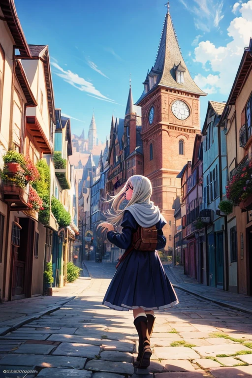 A girl walking on a cobblestone street with beautiful anime scenery, a detailed anime village landscape, a picturesque anime background artwork, a scenic anime landscape, a town background with an anime touch, a concept art of anime scenery, a beautiful anime scene, a bustling magical town, a visual centerpiece of anime background, an enchanting anime scenery, a peaceful anime scene of beauty, a medieval fantasy town.
(material:anime, detailed eyes, detailed lips), (best quality, 4k, highres, masterpiece:1.2), ultra-detailed, (realistic:1.37), HDR, UHD, studio lighting, ultra-fine painting, sharp focus, physically-based rendering, extreme detail description, professional, vivid colors, bokeh, (portrait, landscape, anime, concept art:1.1), color tone: vibrant, lighting: enchanting.