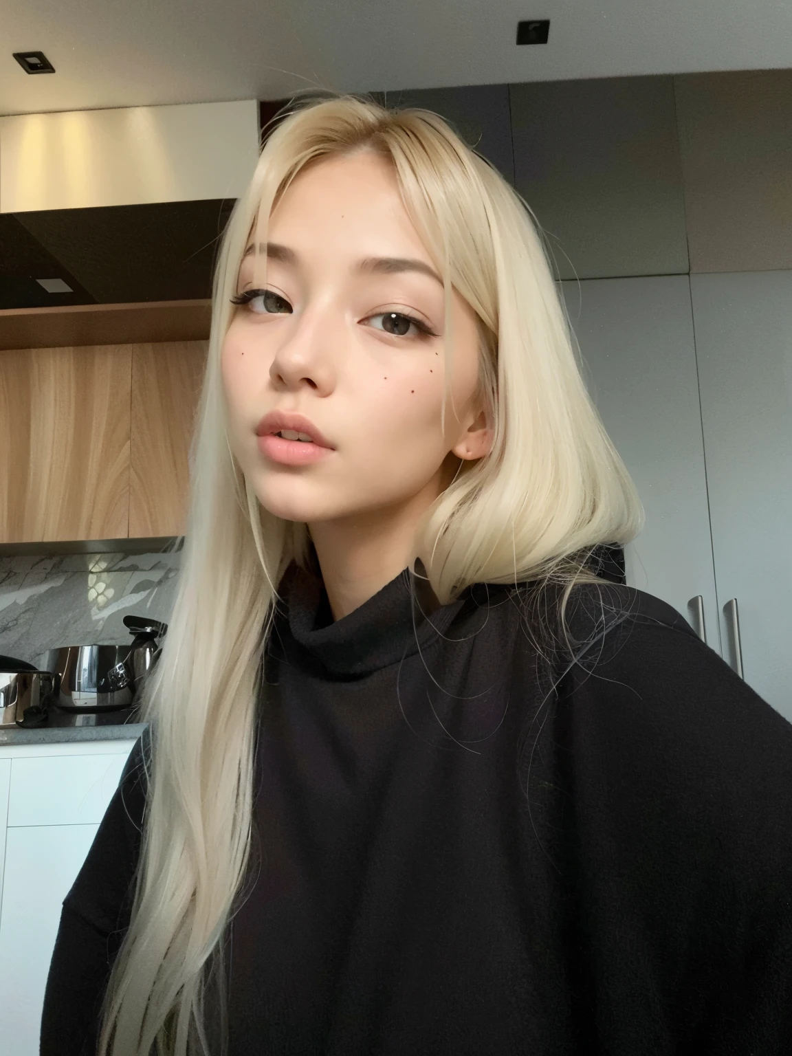 blonde woman with long hair and black top in the kitchen with counter, cabelo loiro extremamente claro, cabelo loiro muito claro, Anna Nikonova aka Newmilky, Yelena Belova, dasha taran, com cabelos longos brancos, her hair is white, pale and glowing skin, cabelo claro, uma garota com cabelo loiro, com longos cabelos loiros, skin pale as ivory, Asian woman 